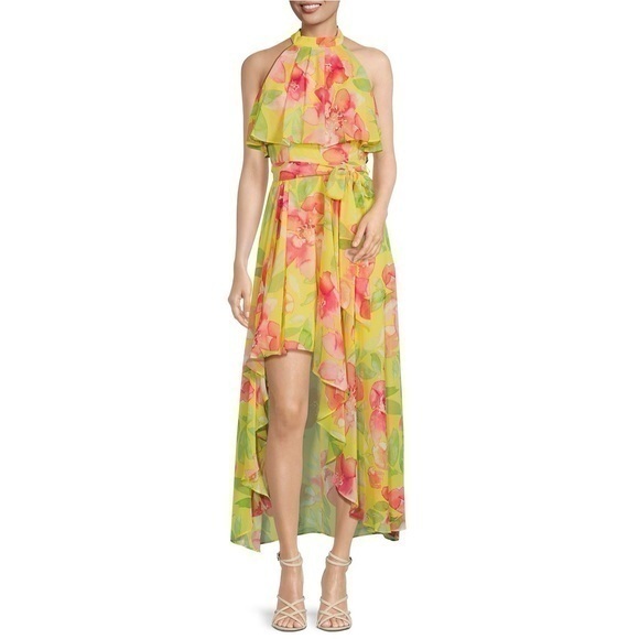 Eliza J Floral Print Popover Halter Sleeveless High-Low Hem Gown Size 18 New - Picture 1 of 9